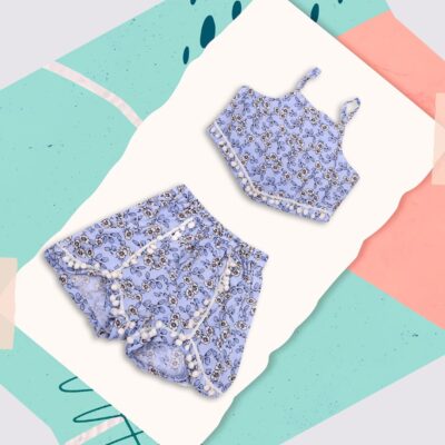 Sky Blue Floral Crop Top Short Set