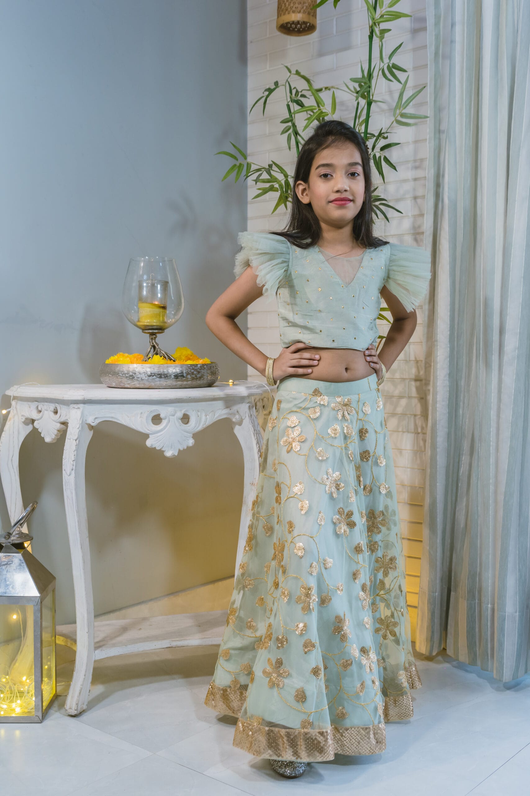 Floral Ruffle Sleeve Crop Top Skirt Set