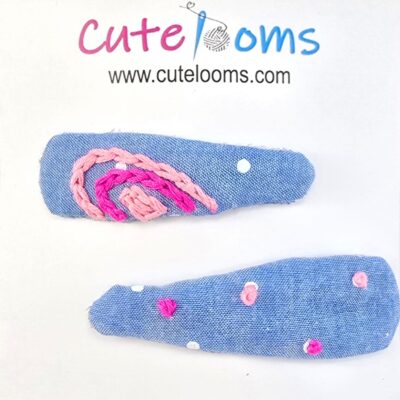 Blue Denim Hair Clip with Embroidered Polka Dots – Handmade Fabric Barrette