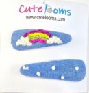 Denim Hair Clip with White Embroidered Hearts
