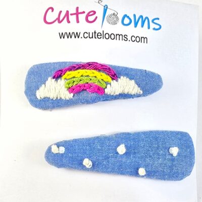 Denim Hair Clip with White Embroidered Hearts