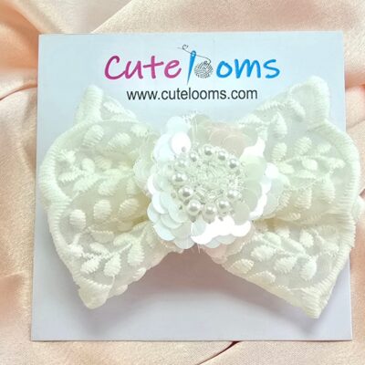 Ivory Lace Bow Hair Clip – Sequin & Pearl Floral Accent